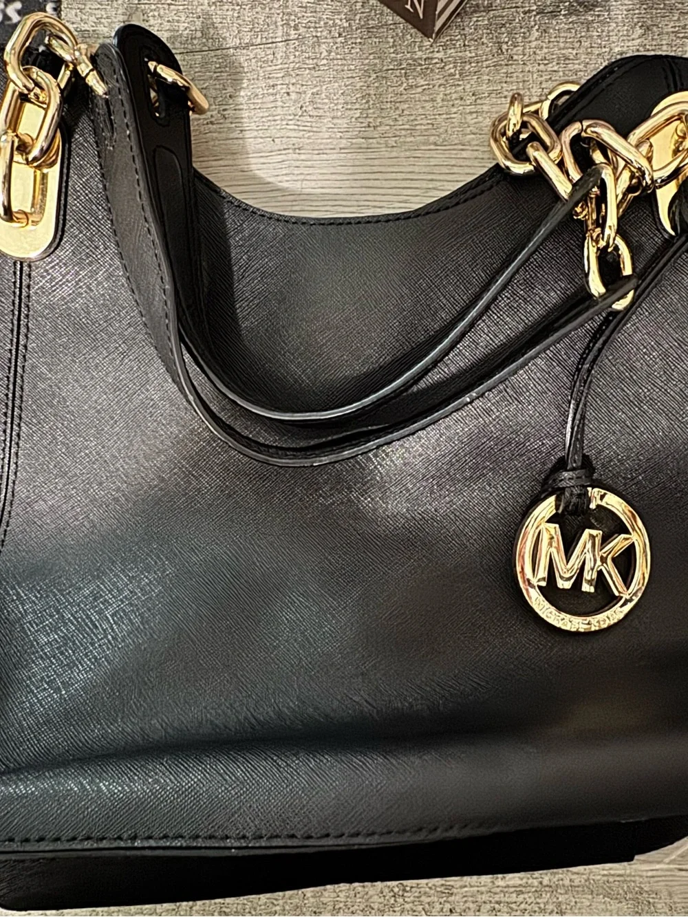 Michael Kors Black Leather Shoulder Bag with Gold MK Charm